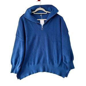 New LILLUSORY Womens 1/4 Zip Sweater Size L Blue Ribbed Oversized Turtleneck Nwt